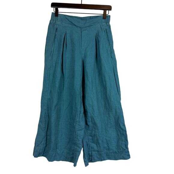 Athleta Playa 100% Linen Wide Leg Crop Pleated High Rise Pants Blue - 4 - Picture 1 of 10